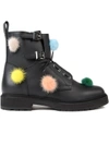 Fendi 30mm Mink Pompoms & Leather Biker Boots In Black