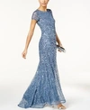 Adrianna Papell Short Sleeve Sequin Mesh Gown In Nile