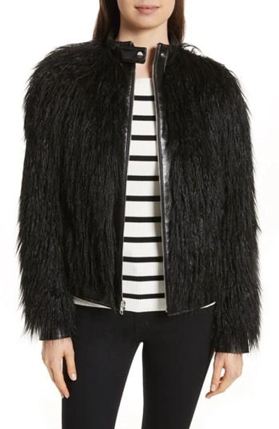 Theory Leather & Faux Mongolian Fur Bomber Jacket In Black