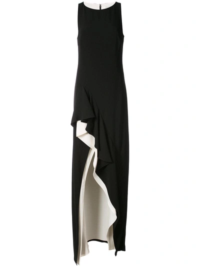 Halston Heritage Sleeveless Boat-neck Colorblocked Asymmetric Flounce-skirt Gown In Black/cream