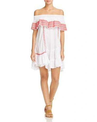 Muche Et Muchette Gavin Embroidered Off-the-shoulder Ruffle Dress Swim Cover-up In White/red