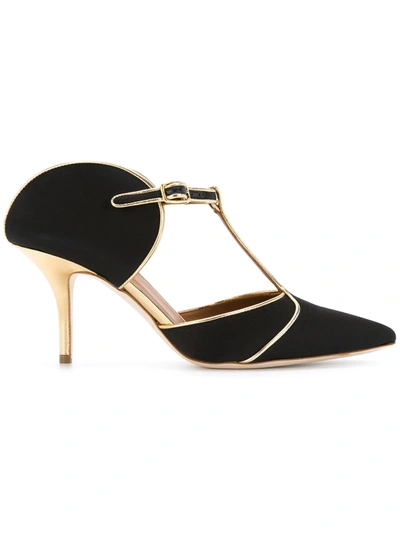 Malone Souliers Leather-trimmed Satin Sandals In Black And Gold