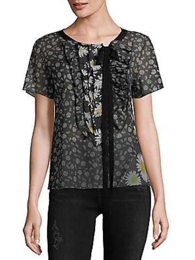 Marc Jacobs Floral Frill Cotton Top In Black Multi