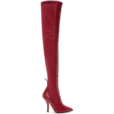 Fendi 105mm Leather & Knit Over The Knee Boots, Red In Red