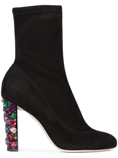 Jimmy Choo Maine 100 Black Stretch Suede Booties With Embellished Heels