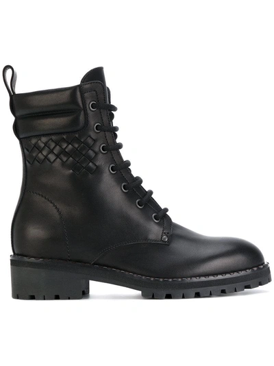 Bottega Veneta Leather Hiker Boot With Woven Detail In Black
