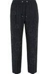 BRUNELLO CUCINELLI WOMAN CROPPED EMBELLISHED PINSTRIPED WOOL AND LINEN-BLEND STRAIGHT-LEG PANTS MIDNIGHT BLUE,AU 2526016083732616