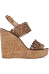 Tory Burch Woman Laser-cut Leather Wedge Sandals Sand In Sand