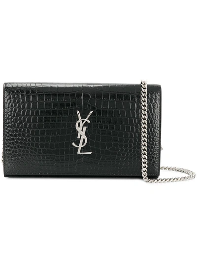 Saint Laurent Monogram Crocodile-embossed Chain Wallet In Black