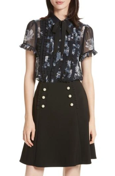 Kate Spade Night Rose Sheer Short-sleeve Button-front Top In Rich Navy