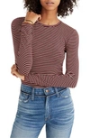 Madewell Stripe Crewneck Thong Bodysuit In Dusty Burgundy