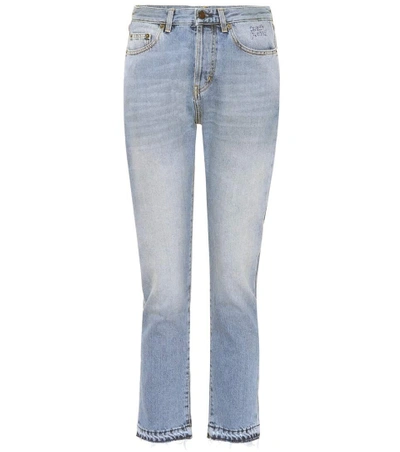 Saint Laurent Embroidered Cotton Slim-fit Jeans In Blu