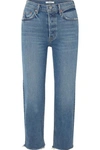 GRLFRND HELENA CROPPED DISTRESSED MID-RISE STRAIGHT-LEG JEANS