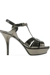 SAINT LAURENT TRIBUTE METALLIC CRACKED-LEATHER PLATFORM SANDALS