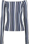 JACQUEMUS WOMAN OFF-THE-SHOULDER STRIPED RIBBED WOOL SWEATER NAVY,US 2526016083993769
