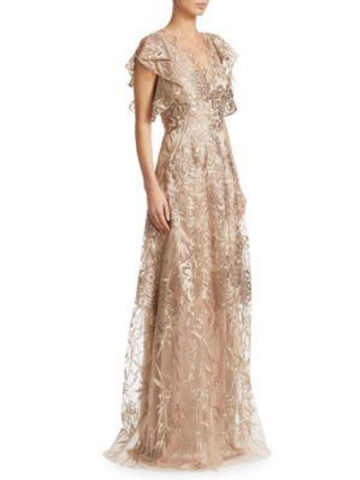 David Meister Sleeveless Ruffled Metallic Lace Gown In Gold