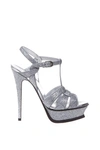 Saint Laurent Glitter Fabric Tribute Sandal In Moon
