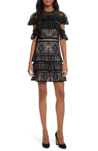 Alice And Olivia Jolie Tiered Ruffled Lace Mini Dress In Black