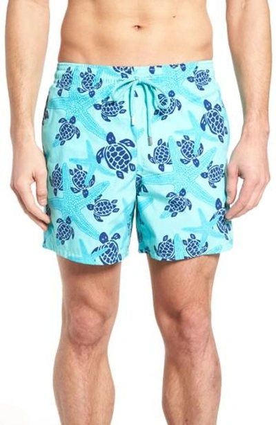 Vilebrequin Moorea Starlettes Turtles Swim Trunks In Spray Lagoon Blue