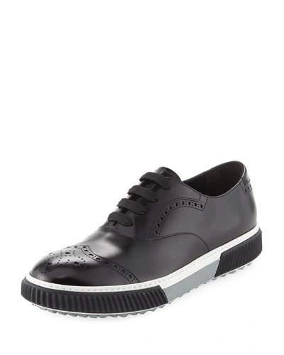 Prada Spazzolato Leather Platform Brogue Sneaker, Black