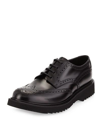 Prada Rubber-sole Wing-tip Derby Shoe, Black In Nero