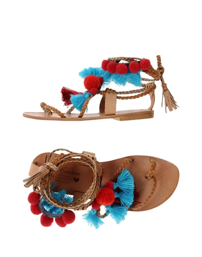 Gia Couture 10mm Pompoms & Tassels Leather Sandals In Beige,turquoise