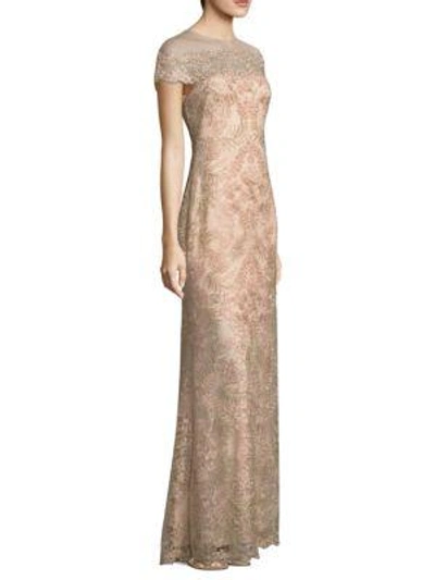 Tadashi Shoji Illusion Off-the-shoulder Lace Gown In Petal/gold