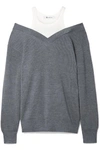 ALEXANDER WANG T OFF-THE-SHOULDER LAYERED RIBBED MERINO WOOL-BLEND AND COTTON SWEATER
