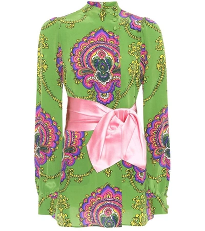 Gucci Bow-embellished Printed Silk Crepe De Chine Tunic In Green
