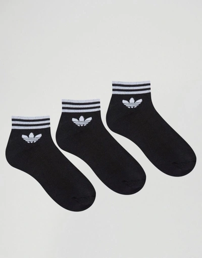 Adidas Originals 3 Pack Black Ankle Socks With Trefoil Logo - Black