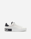Dolce & Gabbana White Calf Leather Sneakers With Logo Patch And Round Toe In White/blue