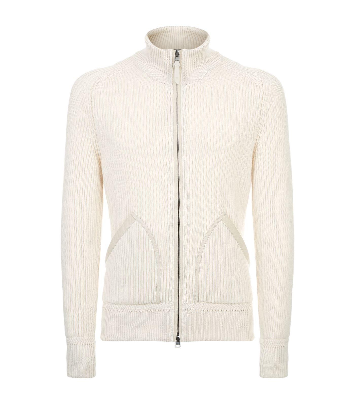 Tom Ford Cashmere Suede-trim Ribbed Zip-front Cardigan In Beige | ModeSens