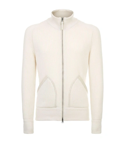 Tom Ford Cashmere Suede-trim Ribbed Zip-front Cardigan In Beige