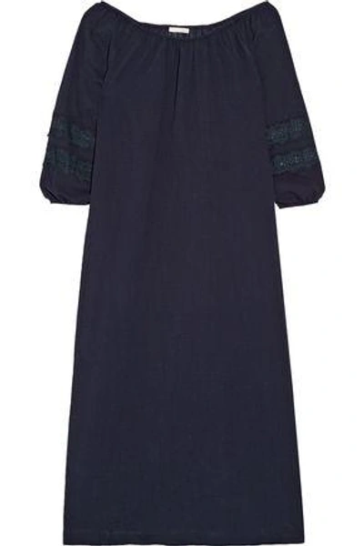 Skin Woman Lace-trimmed Crinkled Cotton-gauze Nightdress Midnight Blue