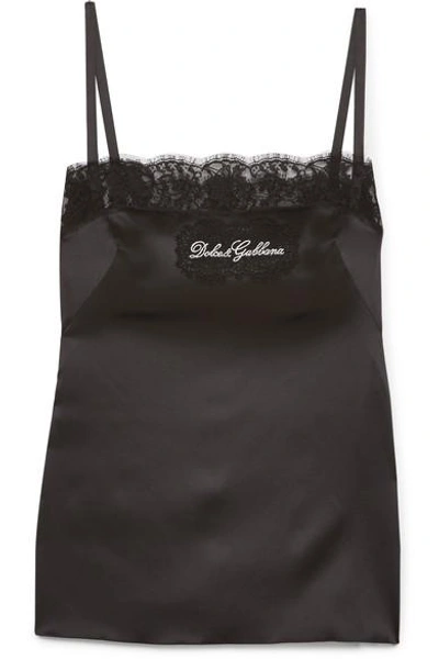 Dolce & Gabbana Embroidered Lace-trimmed Stretch Silk-blend Satin Camisole In Black