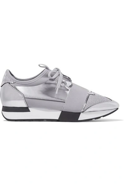 Balenciaga Race Runner Metallic Leather, Mesh And Neoprene Sneakers In Silver