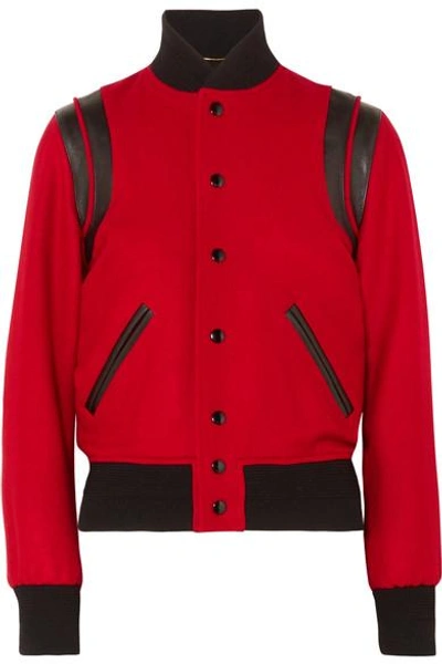 Saint Laurent Teddy Leather-trimmed Wool-blend Bomber Jacket In Red