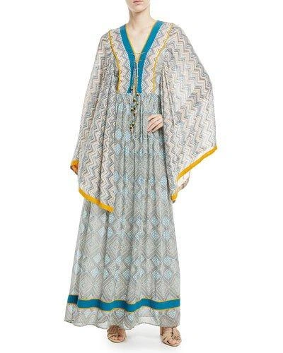 Talitha Jasmin Lace-up Front Long Kimono Silk Caftan With Pompom Trim In Turquoise