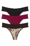 Natori Bliss Perfection Thongs, Set Of 3 In Zebra Print/ Warm White/ Wine