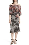 Saloni Grace Floral-print Silk Midi Dress, Multipattern In Flower Stripe Plmt