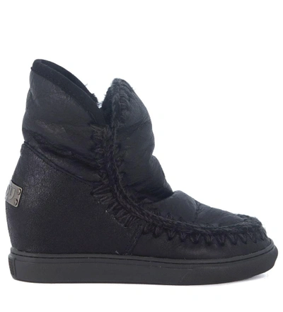 Mou Wedge Eskimo Black Leather Ankle Boots In Nero