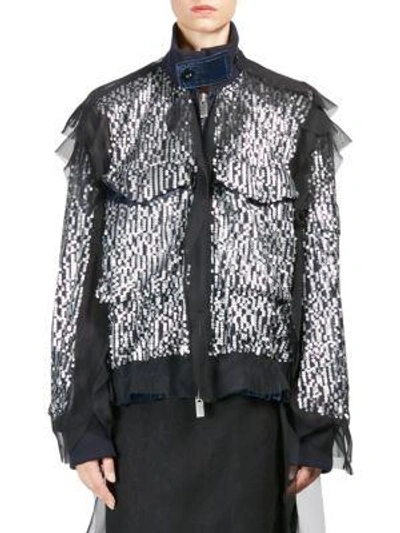 Sacai Sequined Chiffon-trim Bomber Jacket In Navy Silver