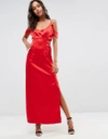 WYLDR WYLDR WINDSLOW CORVETTE SATIN DRESS WITH OFF THE SHOULDER FRILL AND WAIST CUT OUT-RED,WAW17D785 001