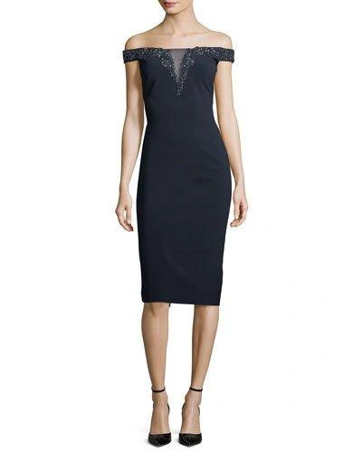Theia Off-the-shoulder Beaded Illusion Cocktail Dress In Dark Blue