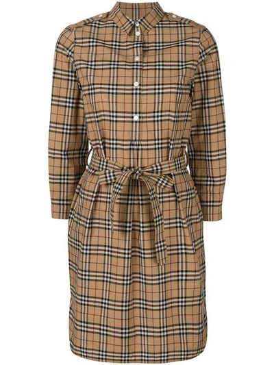 Burberry Check-print Belted Tunic Dress In Camel