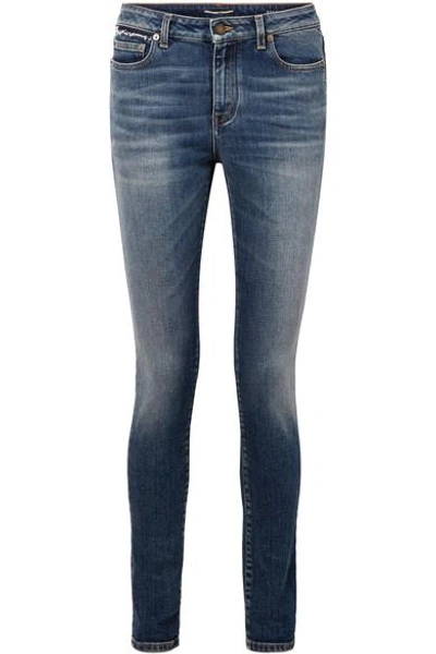 Saint Laurent Distressed Mid-rise Skinny Jeans In Medium Blue