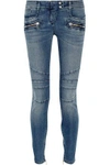 BALMAIN WOMAN MOTO-STYLE DISTRESSED LOW-RISE SKINNY JEANS MID DENIM,US 4772211930472874