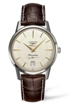 Longines Flagship Heritage Automatic Leather Strap Watch, 38.5mm In Brown/ Silver