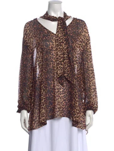 Pre-owned 11 Honore Animal Print Tie Neck Blouse In Brown