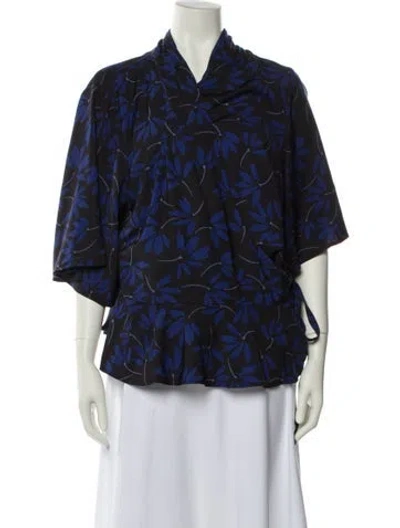 Pre-owned 11 Honore Printed V-neck Blouse In Blue